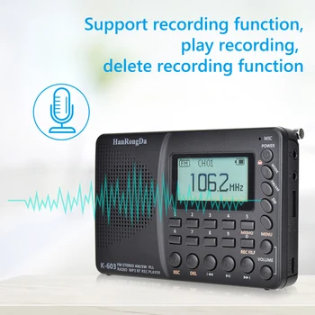 K603 Vysoká Citlivosť Jasné, Objem Rádio Digitálne Rádio Stereo MP3 Prehrávač Prenosný Reproduktor Bluetooth-kompatibilné Vreckový Záznamník