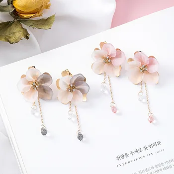 Kórejský horúce módne šperky sladké akryl tkané kvetinový náušnice s dlhým reťazcom krištáľové náušnice pre ženy darček
