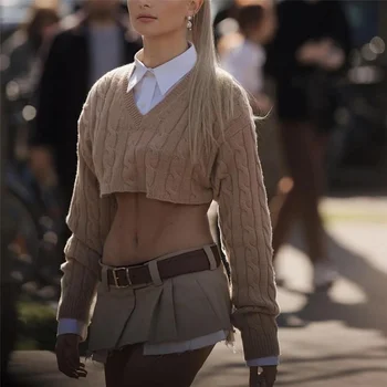 Vintage ostrihané sveter ženy zrastov twist v krku svetre pre ženy módny návrhár pulóvre voľné dlhý rukáv top khaki