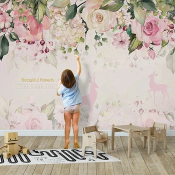 Vlastné Fotografie na Stenu Papier 3D Ružové Kvety nástenná maľba Cartoon detská Izba Dievčatá Spálňa, Obývacia Izba Tapety Pozadia Domova Moderné